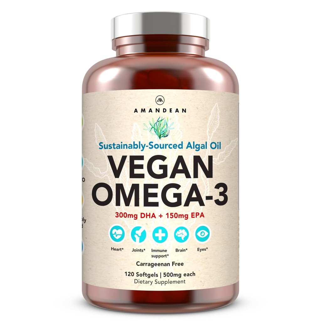 AMANDEAN Vegan 오메가 3 보충. Premium Fish Oil 대안. 조류 DHA 및 EPA. Carrageenan 무료 Softgels. Algal 필수 지방산. 식물 기반 심장, 두뇌, 눈, 피부, 면역 지원. (120ct)