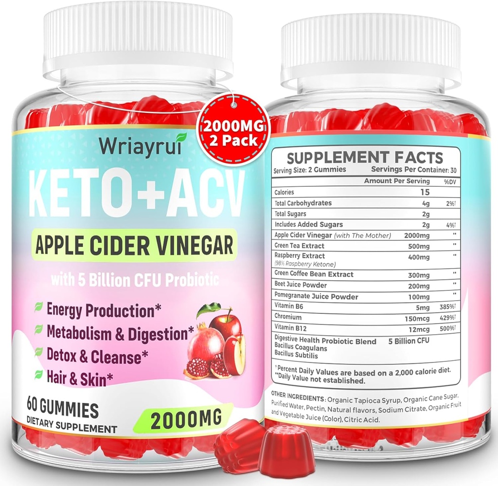 Probiotics & Vitamin B12, 2000mg Apple Cider Vinegar Gummies가있는 Keto ACV Gummies, Metabolism, Digestion, Detox & Cleanse, Sugar Free, Vegan-Friendly, 120 Gummies