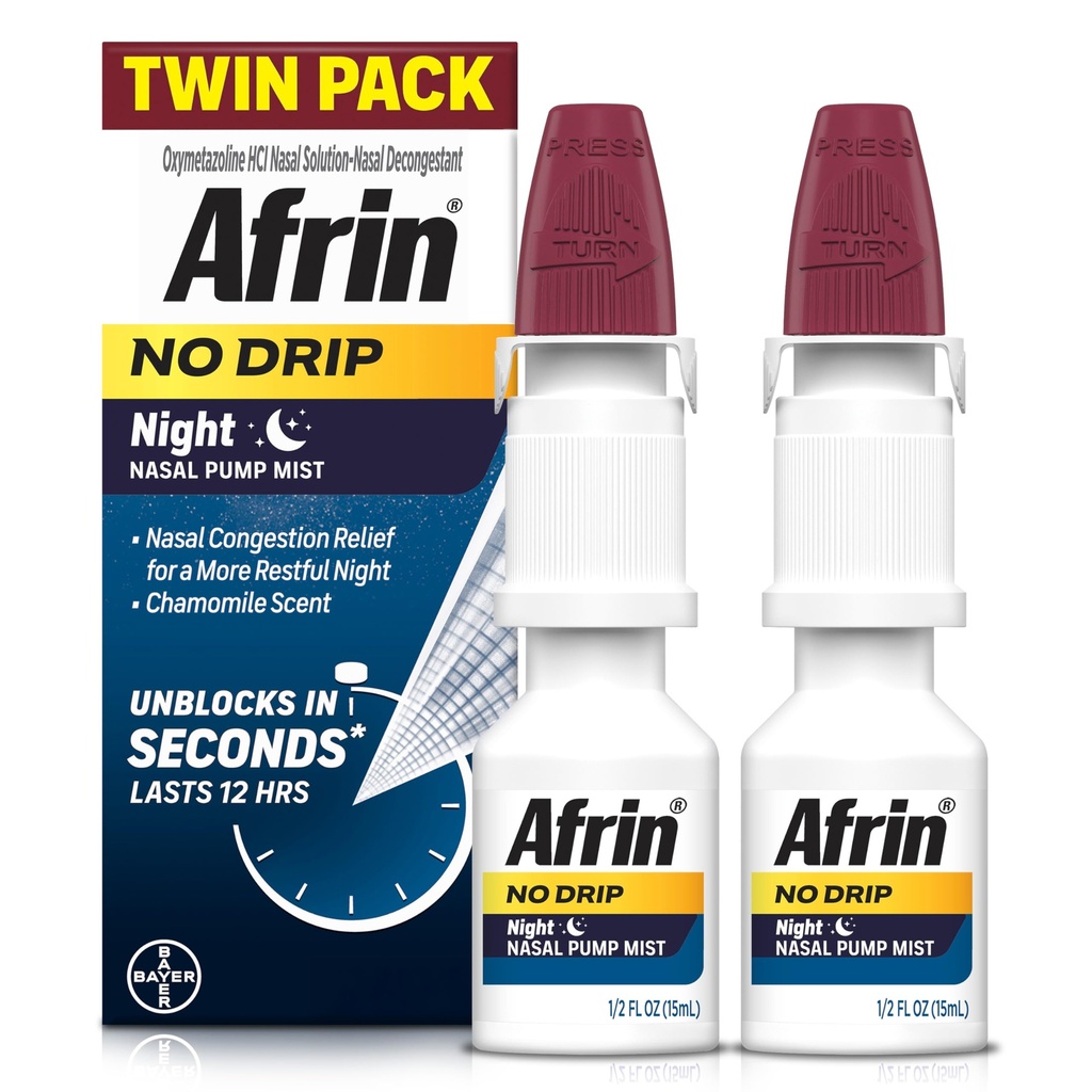 AFRIN No Drip Night Nasal Mist Twin Pack, Non-Drowsy, Chamomile Scent, 성인 및 어린이 6 및 Older, .5 fl oz (패키지 2)와 휴식 수면을위한 빠른 인용 헌신
