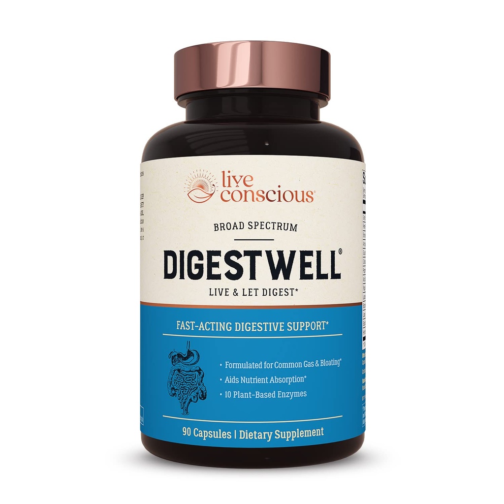 라이브 의식 DigestWell Immediate 지원 - 빠른 행동 소화 지원 | Broad Spectrum Enzyme, Probiotic & Herbal Formula - 매일 가스를 감소시키고 90 캡슐