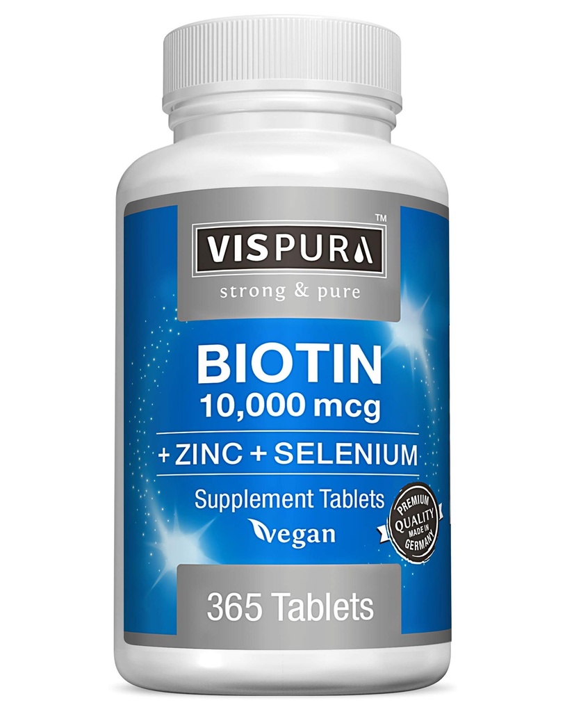 Biotin 10000 mcg + 아연 + 셀레늄, 순수, Vegan & 여분 강한, 헤어 성장, Glowing 피부, 강한 손톱 *, 12 개월 동안 365 정제, 첨가제없이 자연