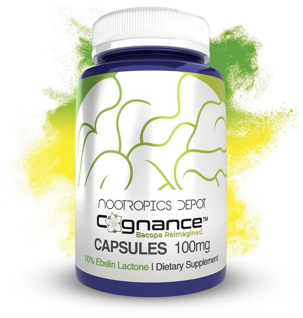Nootropics Depot Cognance 강화 된 Bacopa 캡슐 | 100mg | 10 % Ebelin Lactone | Bacopa monnieri | 무드, 메모리, 및 5-HT2A 활성화, 60 개 (팩 1)