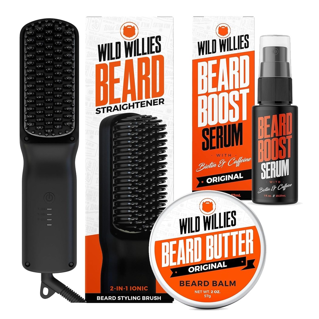 Wild Willies Beard Care Kit : 남성, Beard Butter, & Beard Growth Serum을위한 격렬한 Beard Straightener - 궁극적 인 Grooming Tool Set, Beard Balm, Hydrating Serum, 매일 사용을위한 핫 빗 Beard Brush