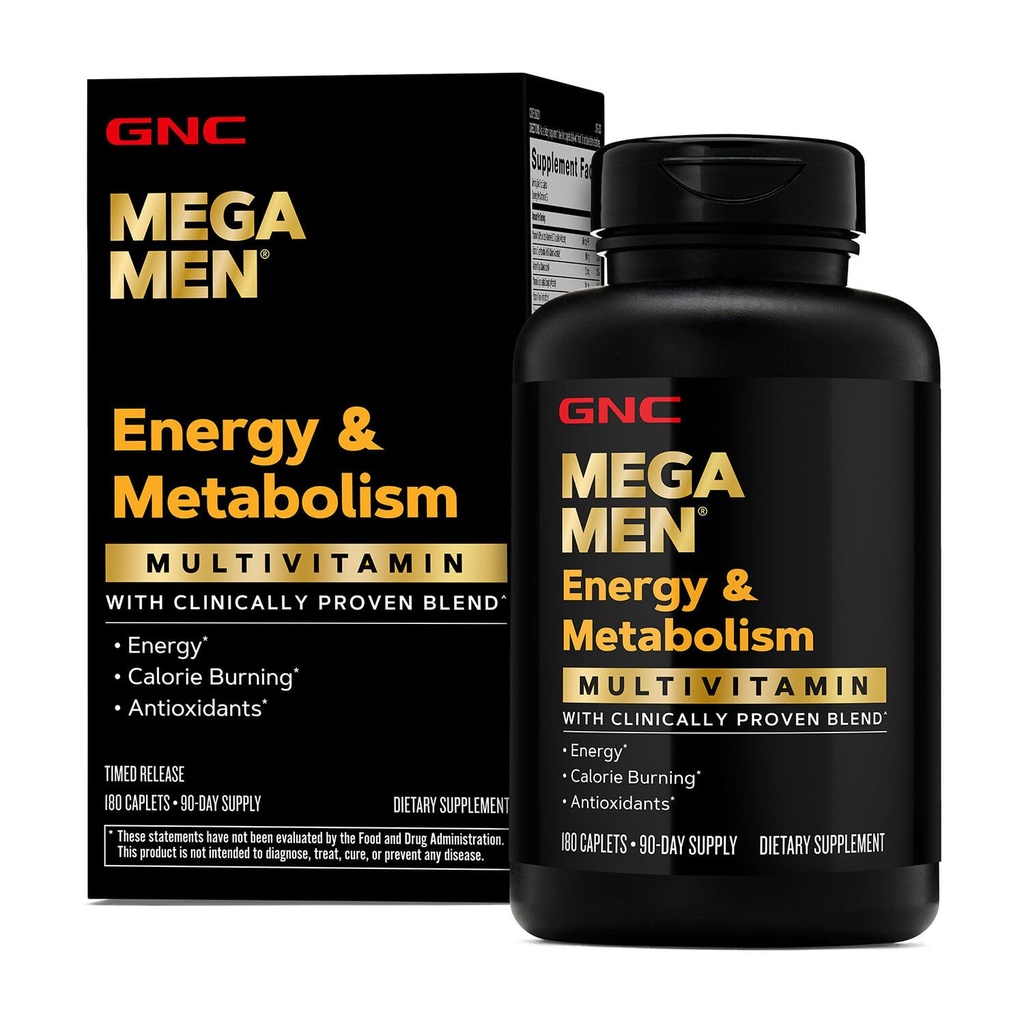 GNC Mega Men Energy & Metabolism Multivitamin Caplets, 임상적으로 더 나은 느낌, 칼로리 연소, 초점, 100mg 카페인, Thermogenic, 면역, B 비타민, 타임 릴리즈, 180 카운트, 90 일 공급