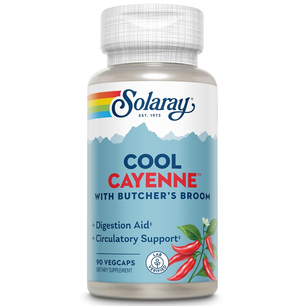 SOLARAY Cool Cayenne Pepper 40,000 HU with Butchers Broom for Healthy Circulation 서포트|90 VegCaps
