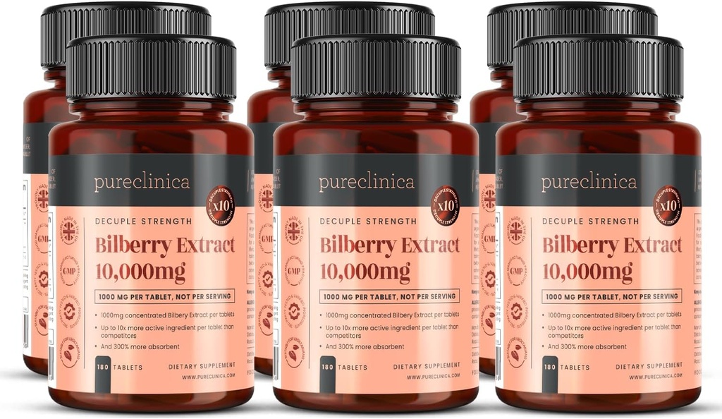 Pureclinica Bilberry 추출물 10,000mg x 1080 정제 (6 병 180) - 10 X 더 많은 anthocyanidins