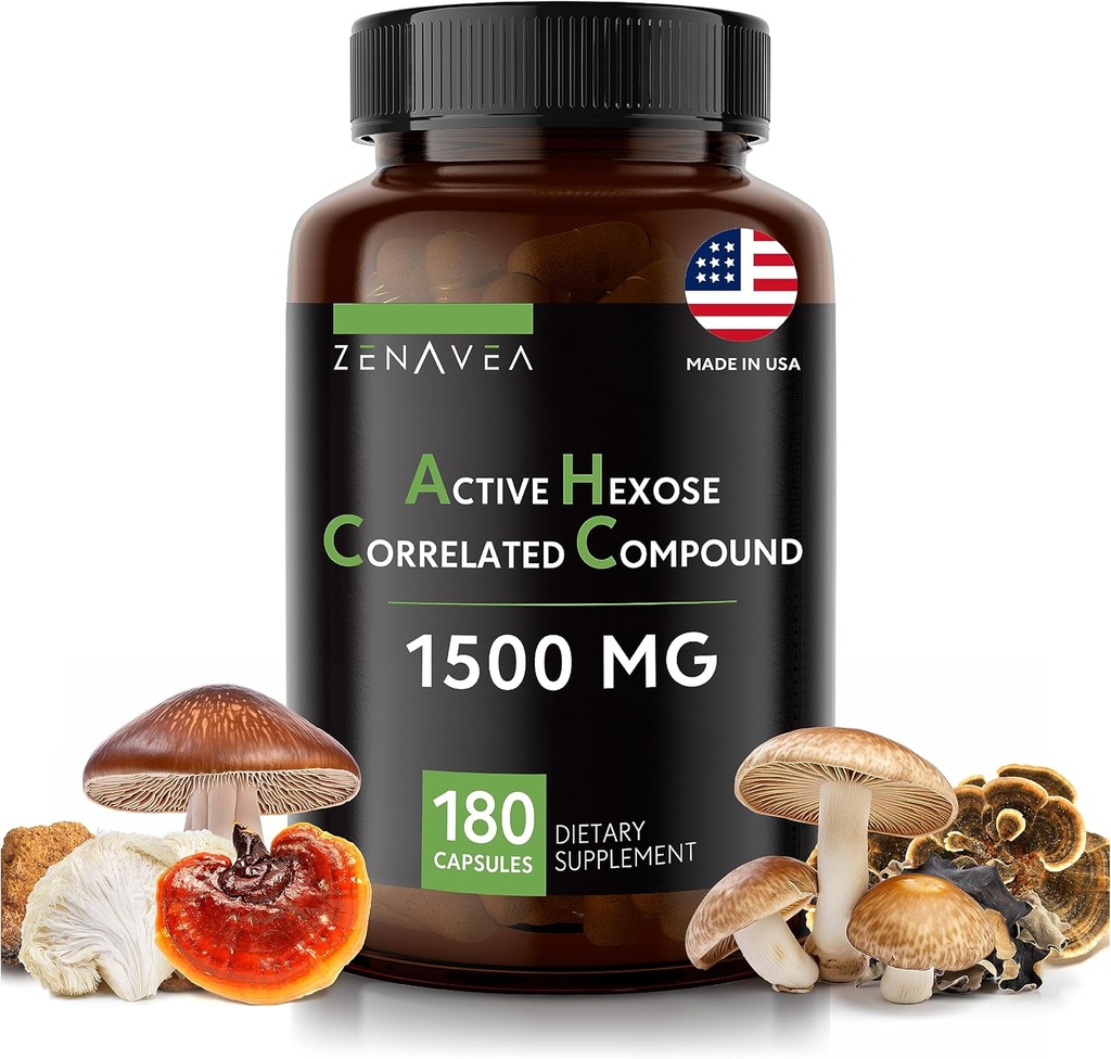 Active Hexose Correlated Compound 180 Caps 1500mg / 서빙 - Vegan Organic Mushroom Supplement Help Support Immune System and Promots Natural Killer 및 T Cells