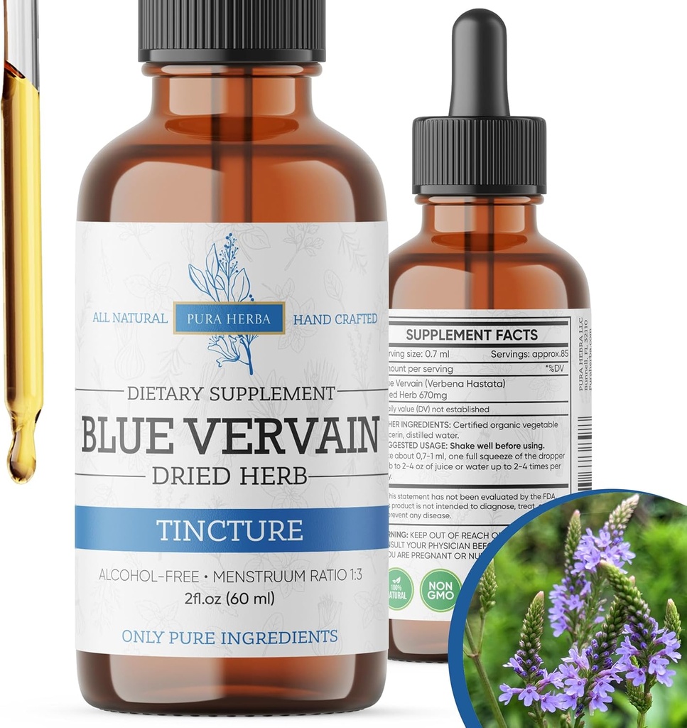Blue Vervain 허브 유기, Blue Vervain Tincture, 알코올 무료, Vegan - 2 Fl Oz
