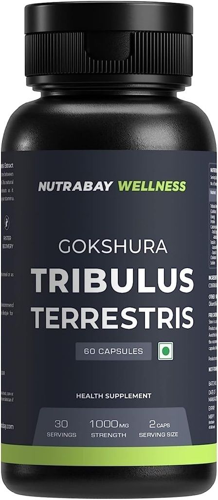 Wellness Tribulus Terrestries (Gokshura) - 에너지, 성능 및 체력 및 근육 성장을위한 자연 지원 - 1000mg, 60 Veg 캡슐