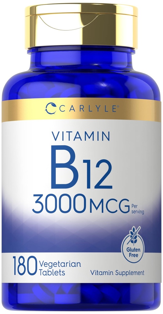 Carlyle B12 비타민 3000 mcg | 180 정제 | 채식 보충교재 | Non-GMO & 글루텐 프리