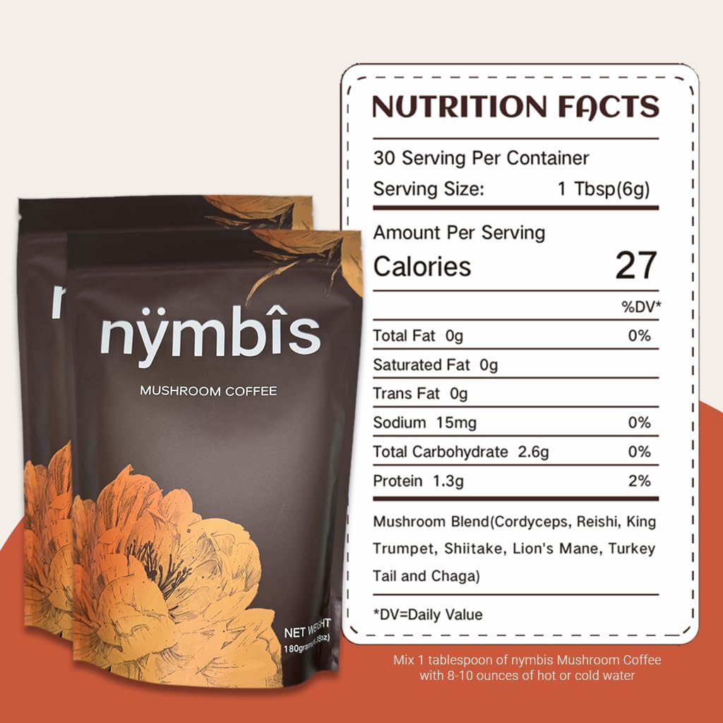 nymbis Mushroom Coffee | 7-Mushrooms Blend (Cordyceps, Lion's Mane, Reishi, Chaga, Maitake, Shiitake, Turkey Tail)를 사용한 지상 커피 | 인텐시브 | 30 인