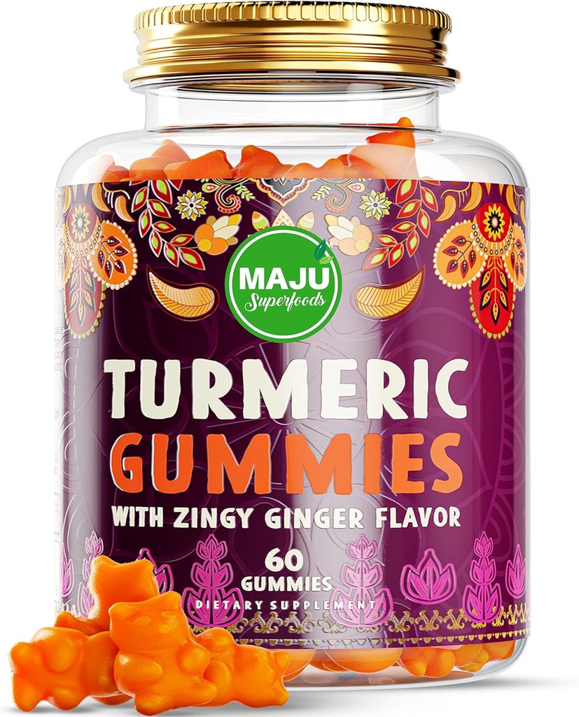 Maju Superfoods Turmeric Curcumin Gummies 60ct, Zingy Ginger Taste, 강화 된 흡수 및 효능, 성인 및 어린이를위한 Turmeric Gummies를위한 검은 후추 추출물