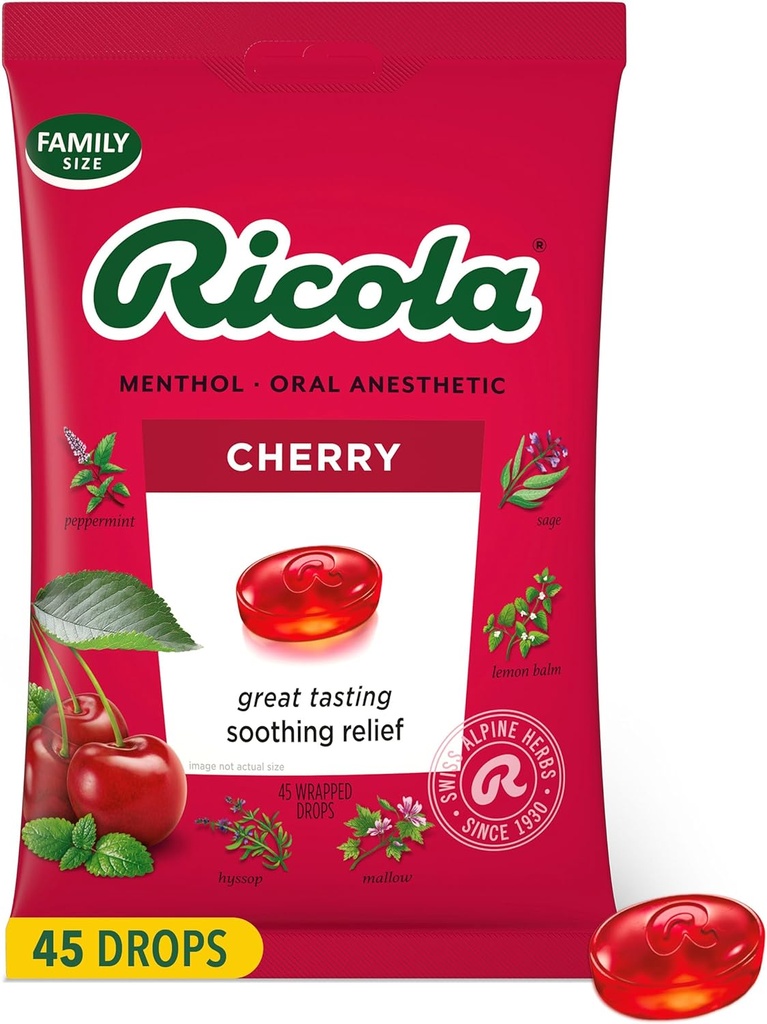 Ricola Cherry Throat Drops, 45 Count, Delicious Throat Refreshment, 구두 마취약, 자연적으로 맛