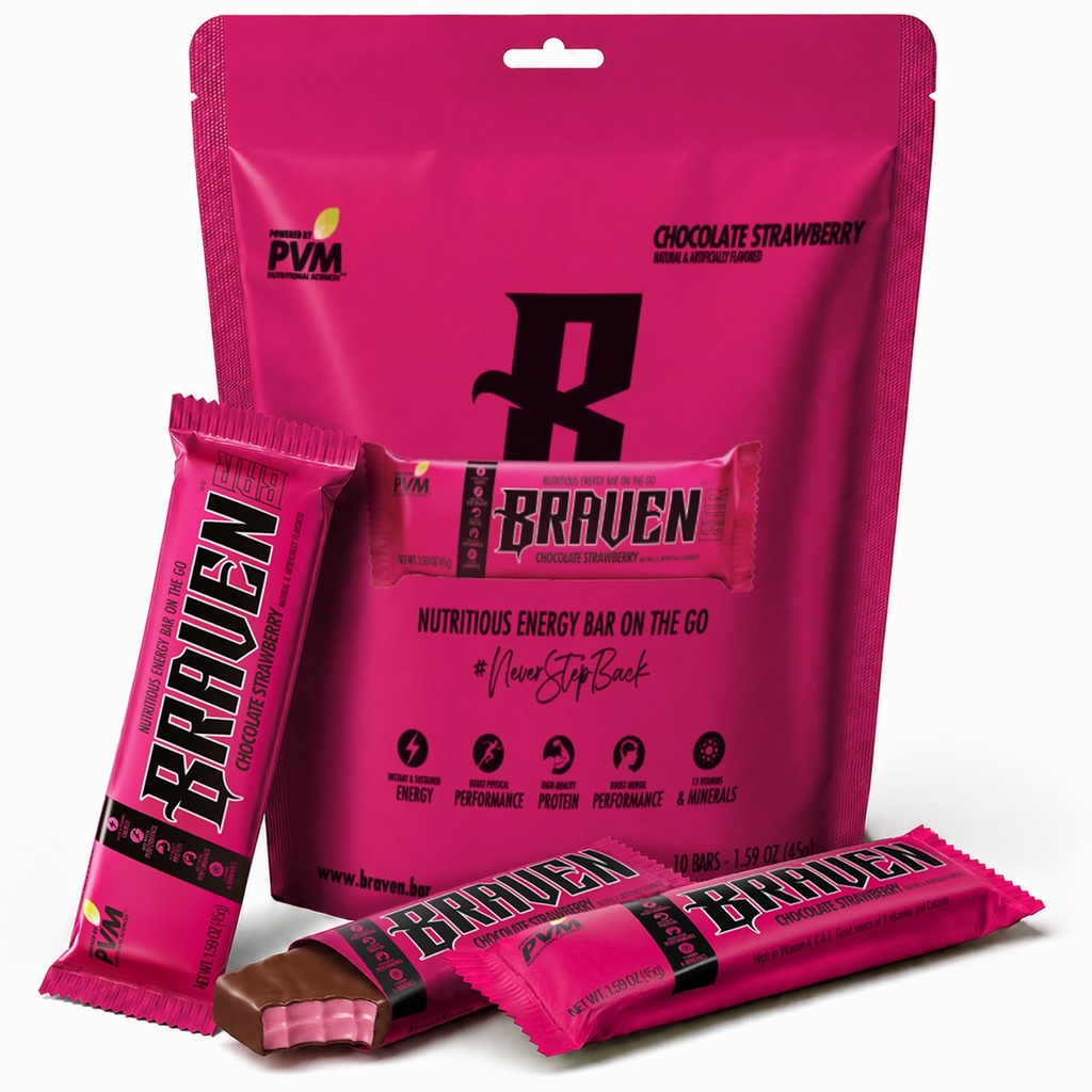 Braven Bar Chocolate Strawberry Energy Bar (1.59 oz, 10 팩) - 5g Protein이있는 에너지 Chews - 운영, 하이킹 및 스포츠를위한 온 - 이동 에너지 스낵 - 지속 에너지 부스트를위한 글루텐 무료 스낵
