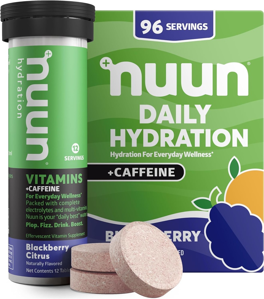 Nuun Vitamins + Caffeine Electrolyte Tablets with Vitamin D, C, E, A, & B6, Folic Acid, Magnesium & 4 기타 Essential Electrolytes, Gluten Free & Vegan, Blackberry Citrus, 8 팩 (96 서빙 총)