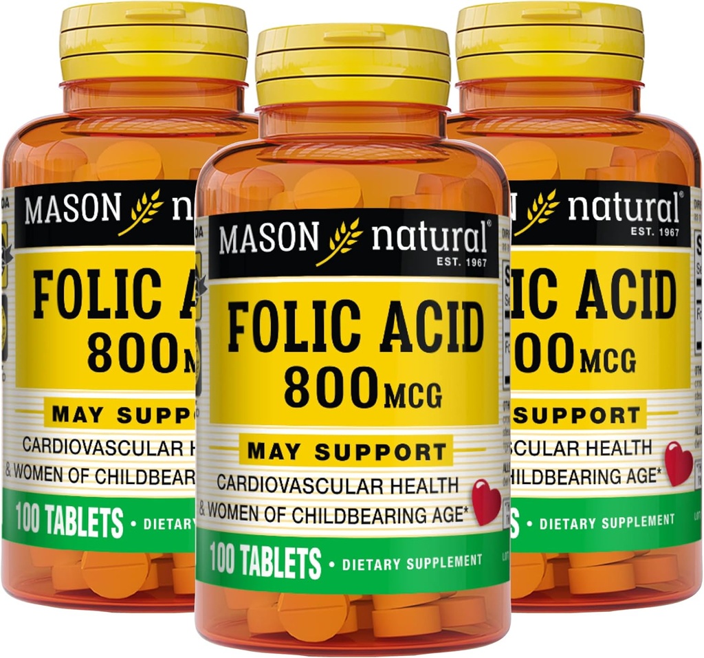 MASON NATURAL Folic Acid 800 mcg - 건강, 무드 및 예비 치료를위한 일상적인 보충, 어린이 연령의 여성을위한 100 정제 (패치 3)