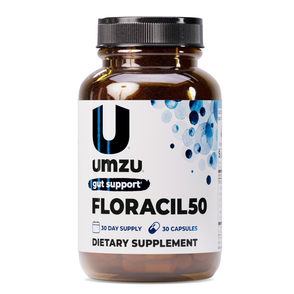 여성 + 남성을위한 UMZU Floracil50 Prebiotics 및 프로바이오틱스, 소화, Gut 건강, 산병, Rhamnousus, 면역력, 에너지 (30 캡슐)