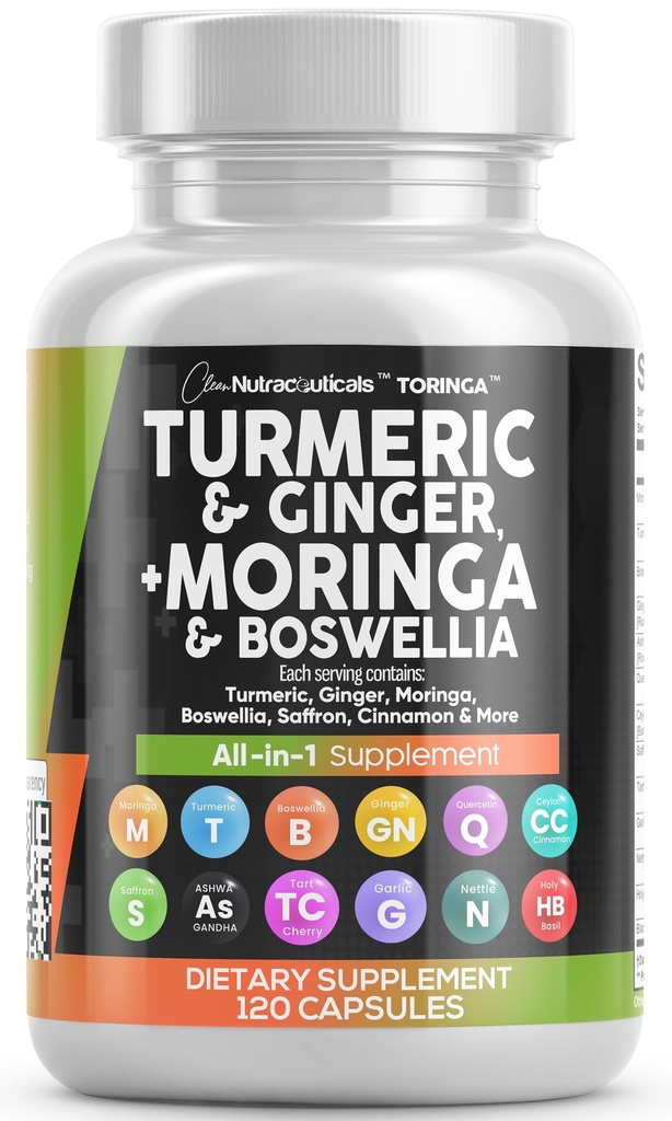 Clean Nutraceuticals Turmeric Moringa Supplement | Ginger Boswellia Saffron - Ceylon Cinnamon, Tart Cherry, Quercetin Garlic Nettle Holy Basil - 1Pack을 가진 여성과 남성을위한 보충