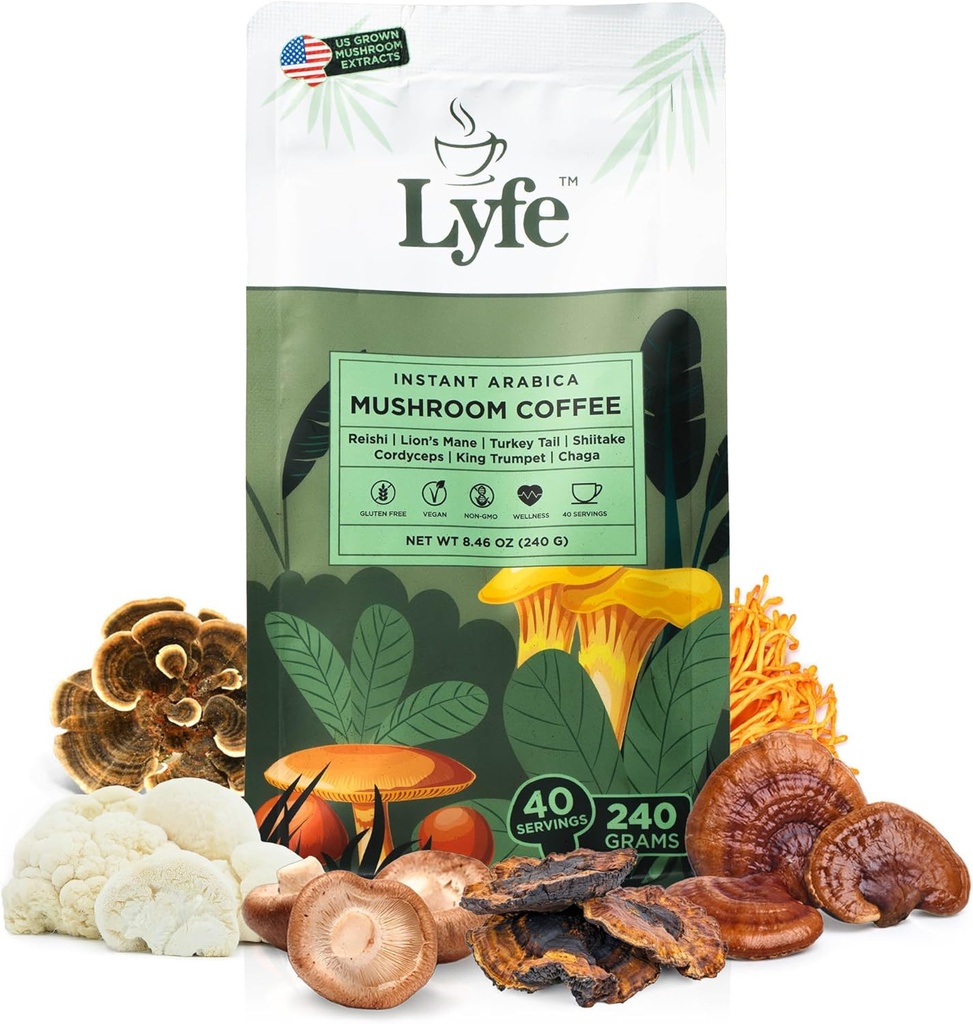 LYFE Organic Instant Mushroom Coffee - Lion 's Mane, Chaga, Cordyceps, Turkey Tail | USA는 더 나은 에너지, 포커스, 과트 건강, 면역력을 위한 Adaptogenic Mushrooms를 성장시켰습니다. – 40 서빙