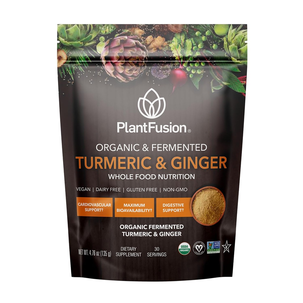 PlantFusion Turmeric 및 Ginger 음료 혼합 - Curcuminoids와 함께 전체 식품 영양, 초본 보충 분말 - USDA 인증 유기, 비 GMO, Vegan, 글루텐 - 무료, 4.76 oz 30 서빙