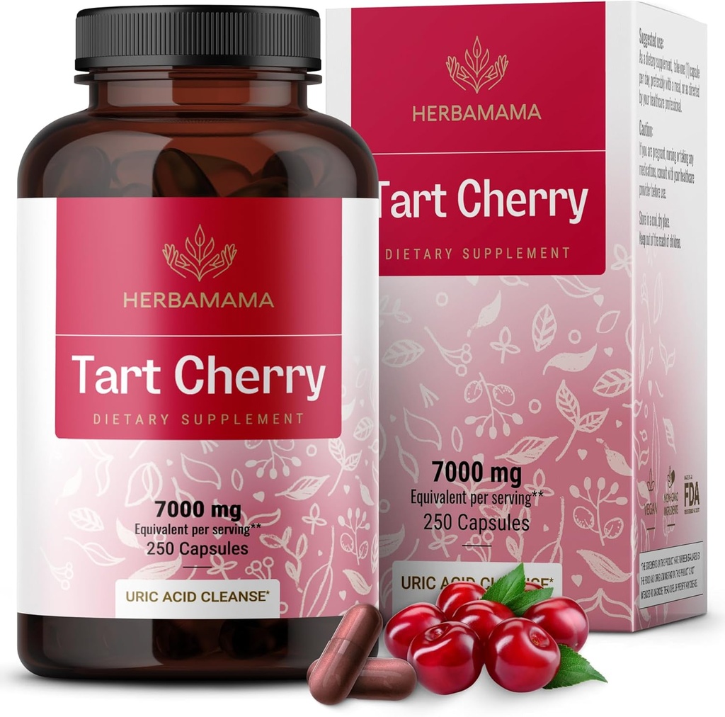 HERBAMAMA Tart Cherry Extract Capsules - Tart Cherry Extract for Uric Acid Support - 비건, 비 GMO 산화 방지제 보충교재