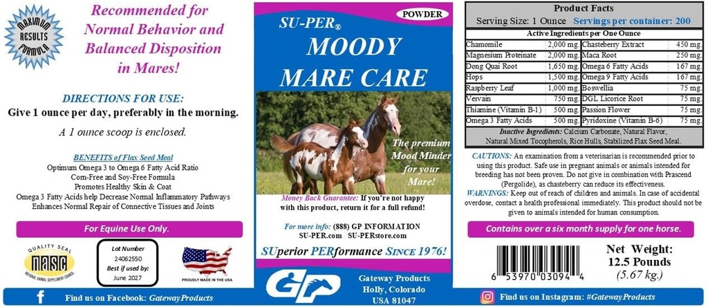 SU-PER Moody Mare 케어 파우더 - Chasteberry & Maca 루트가있는 초본 Equine 말 보충 - 12.5 파운드