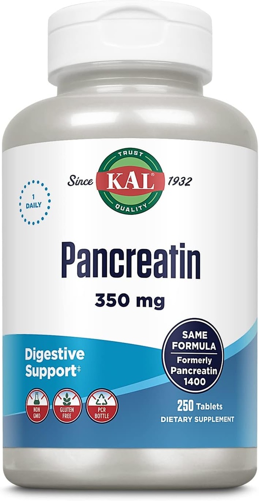 KAL Pancreatin 350mg, 여성과 남성을위한 소화 효소, 소화 건강 지원을위한 Pancreatic 효소, 글루텐 무료, 비 GMO, Rapid Disintegration, 60 일 보증, 250 서빙, 250 정제