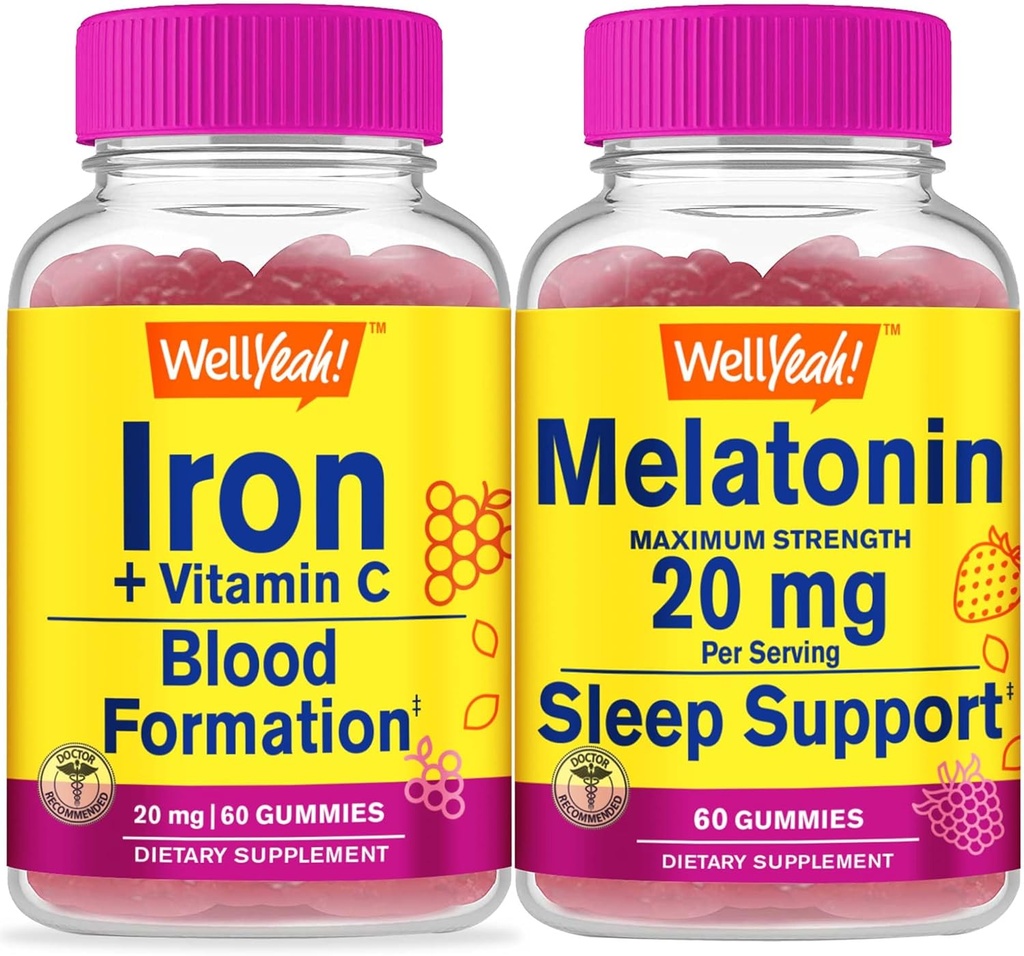WellYeah Iron+Vitamin C + Melatonin 20mg, Gummies 번들 - 훌륭한 타스팅, 비타민 보충, 글루텐 무료, GMO 무료, Chewable 거미