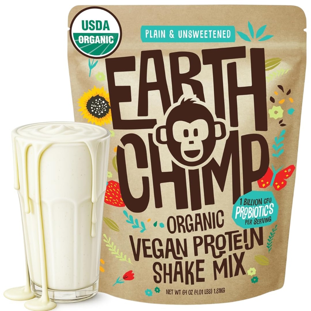 EarthChimp Organic Vegan Protein Powder - Probiotics - Non GMO, Dairy Free, Non Whey, 여성 및 남성을위한 식물 기반 단백질 분말, 글루텐 무료 - 52 서빙, 64 Oz (Plain & Unsweetened)