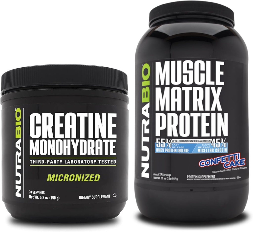 NutraBio Creatine Monohydrate, Unflavored, (150 g) 및 근육 매트 단백질 분말, (Confetti Cake) 보충 번들 - 근육 에너지, 최대 성장, 회복 및 힘