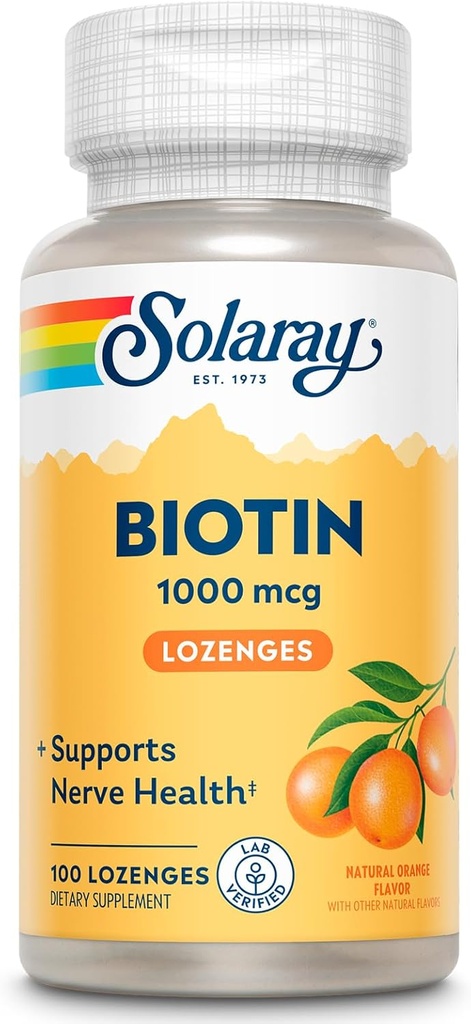 SOLARAY Biotin 1000mcg Lozenges - 비타민 A - Nerve 기능과 세포 에너지 지원 - 자연적인 오렌지 주스 풍미, 중대한 맛, 60 일 보장, 100 봉사, 100 Lozenges를 가진 Biotin 보충교재