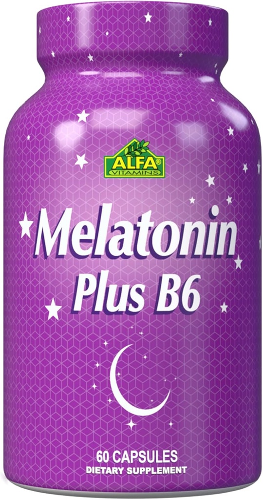 ALFA VITAMINS Melatonin Plus B-6 보충 5MG 수면 사이클 규제 - 심혈관 건강 - 면역 체계 - 60 캡슐