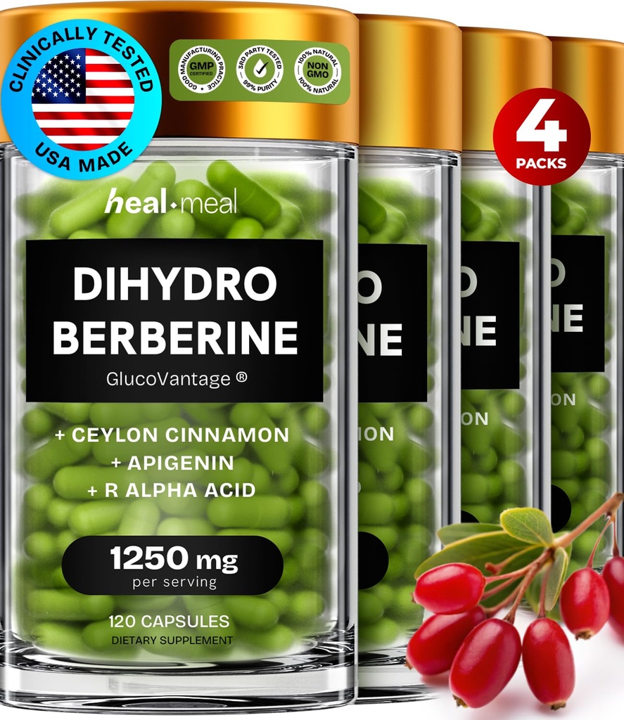 Dihydroberberberine 보충교재 - Dehydro Berberine 보충교재 - Ceylon Cinnamon & R 알파 Lipoic 산 & Apigenin를 가진 최고 Berberine 보충교재 - Hydroberine 480 모자 (4 팩)