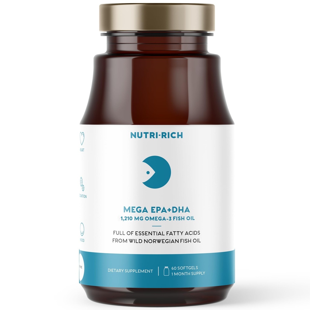 Nutri-Rich Omega-3 물고기 기름 1210mg – 심장, 뇌 및 합동 건강을 위한 EPA & DHA – Burp-Free, 레몬 풍미, 글루텐 & 간장 무료, 제 3 자 시험 (60 Softgels)