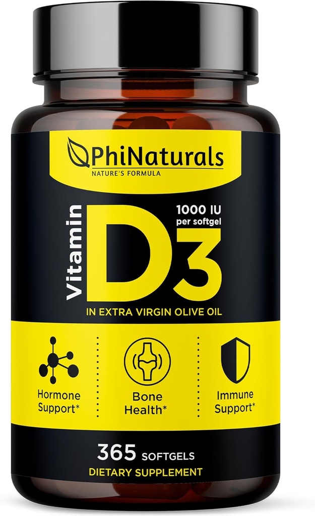 PhiNaturals 비타민 D3 1000iu Softgels 보충교재 올리브 기름 기초 365 젤 모자 VIT D의 1 년 공급, 비타민 D 3 1000 iu