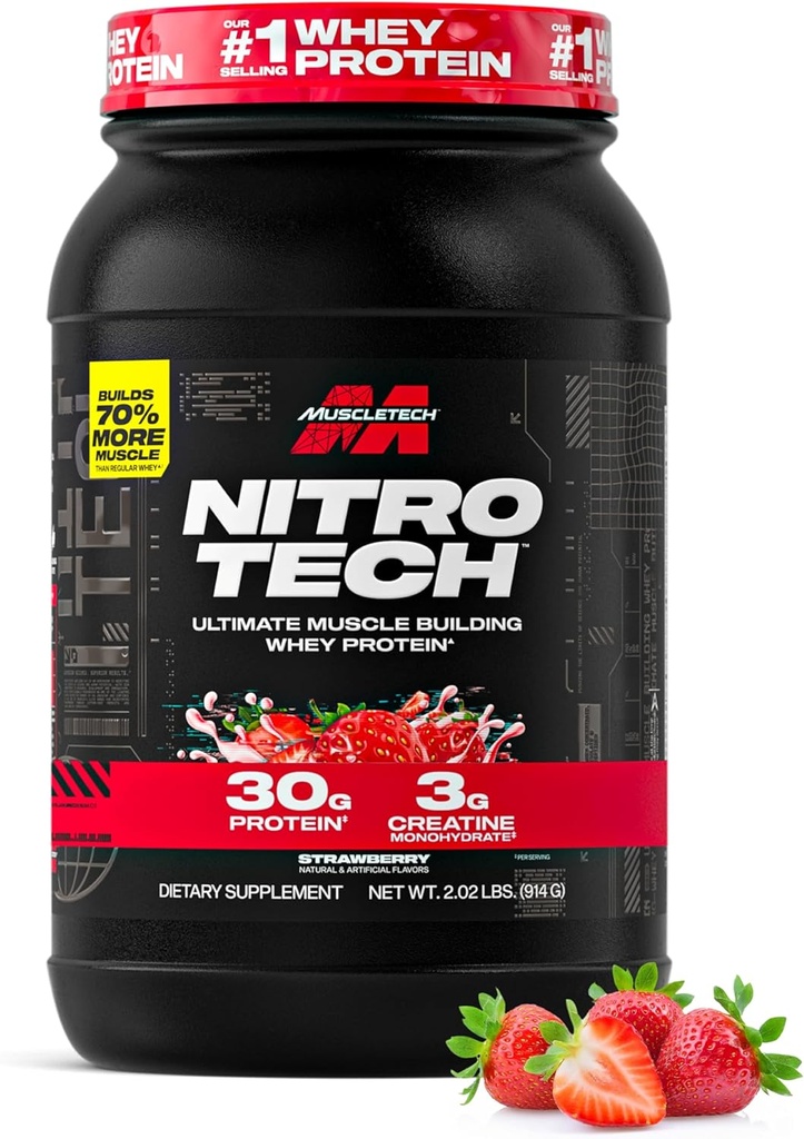 Muscletech Whey Protein Powder (Strawberry, 2.2 Pound) - 글리 Protein Isolate가있는 니트로 테크 궁극적 인 근육 건물 공식 - 단백질 30g, Creatine 3g 및 6.8g BCAA - 포장 May Vary