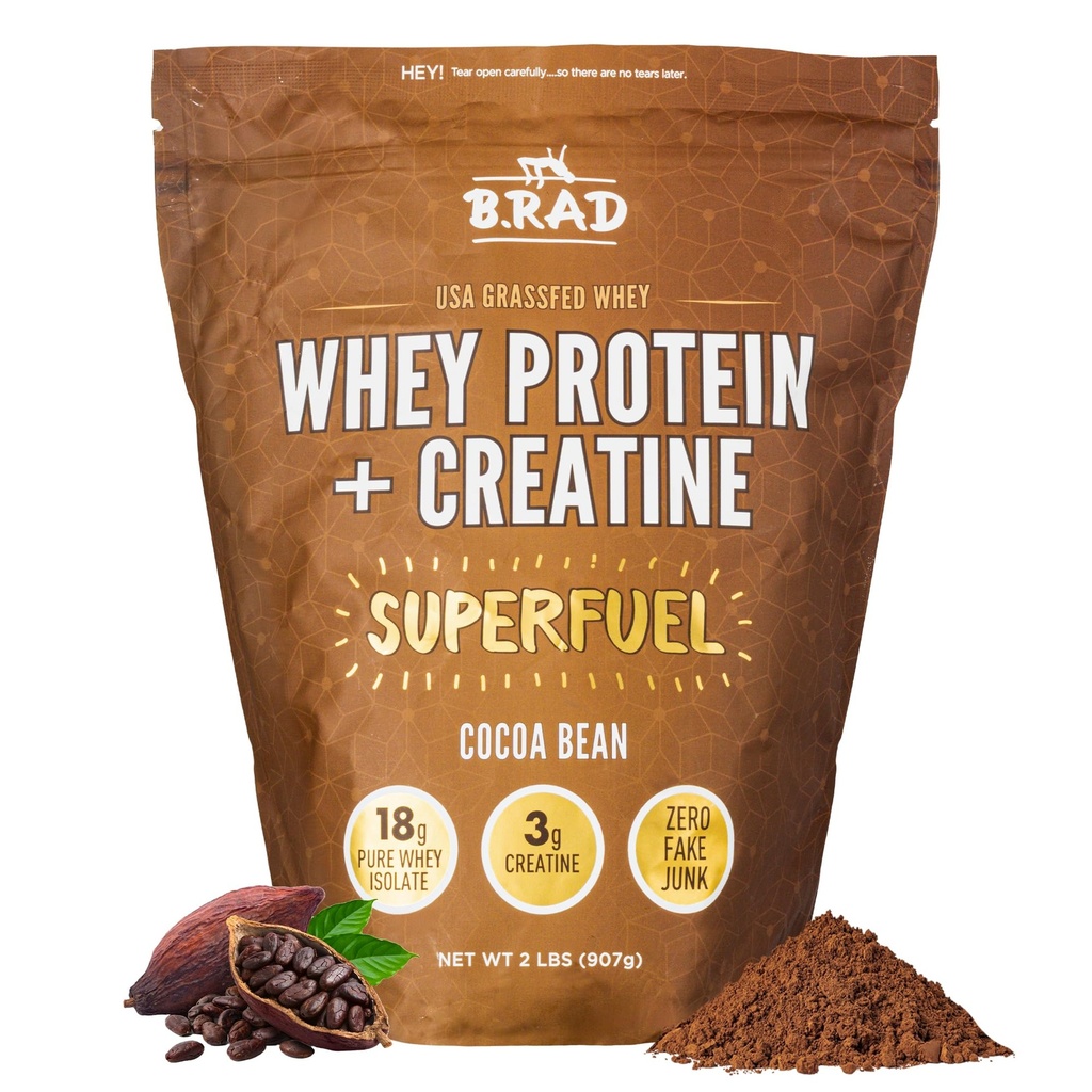 B.rad Superfuel - 잔디 Fed Whey Protein Isolate Creatine와 부스트 | 농장-Fresh, easy-to-Digest, Clean Ingredients | 2 파운드 | 100 % 미국 소스 | 코코아 콩 (코콜레이트)