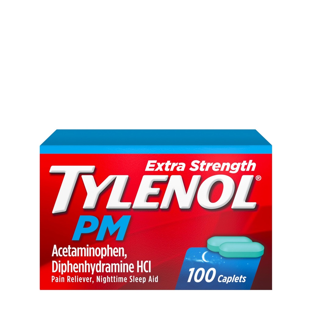 Tylenol PM 여분 힘 야간 고통 Reliever & Sleep Aid 모자, 500 mg Acetaminophen & 25 mg Diphenhydramine HCl, 야간 통증 & 고통, Non-Habit 형성, 100 ct를 위한 기복