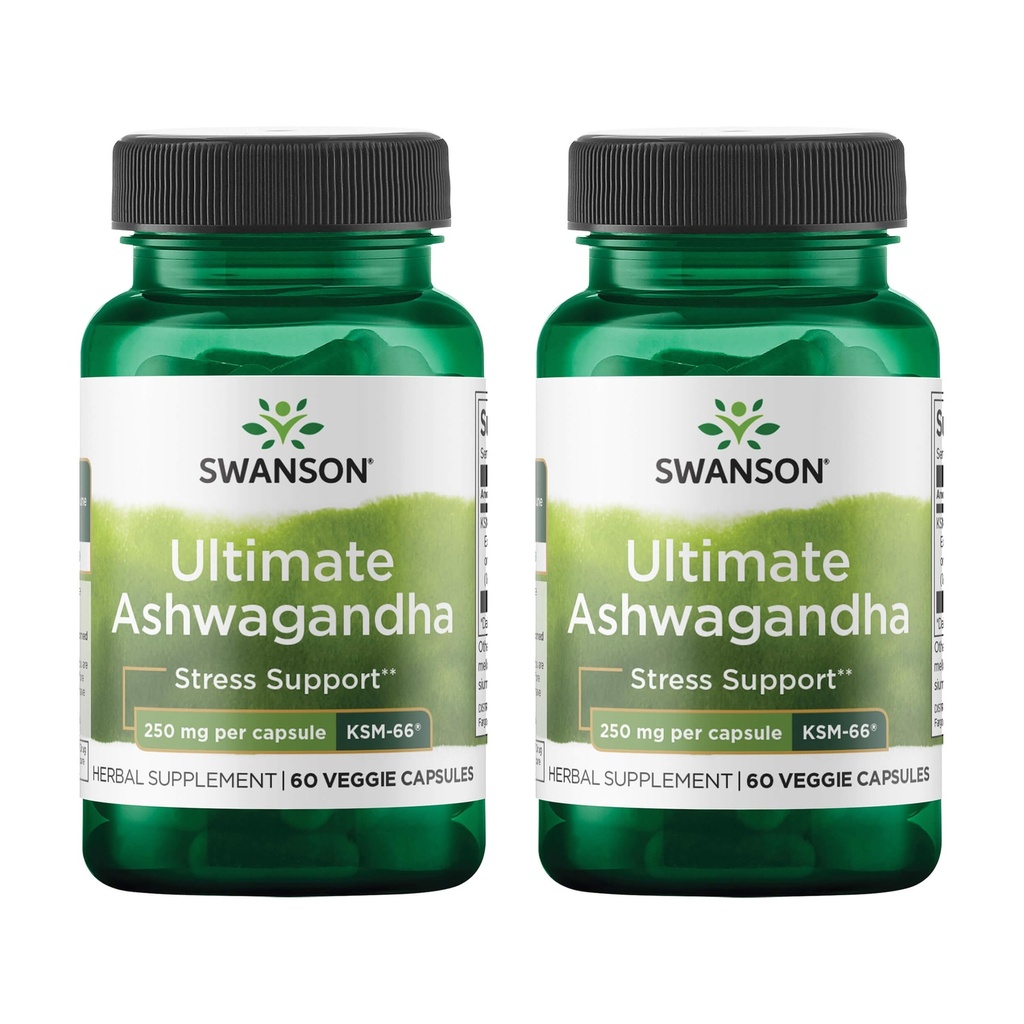 Swanson Ultimate Ashwagandha KSM-66 - 건강한 스트레스 수준을 지원하는 초본 보충 - Calm & Relaxed Mindset을 촉진하는 천연 공식 - (60 Veggie 캡슐, 250mg 각각) (2 팩)