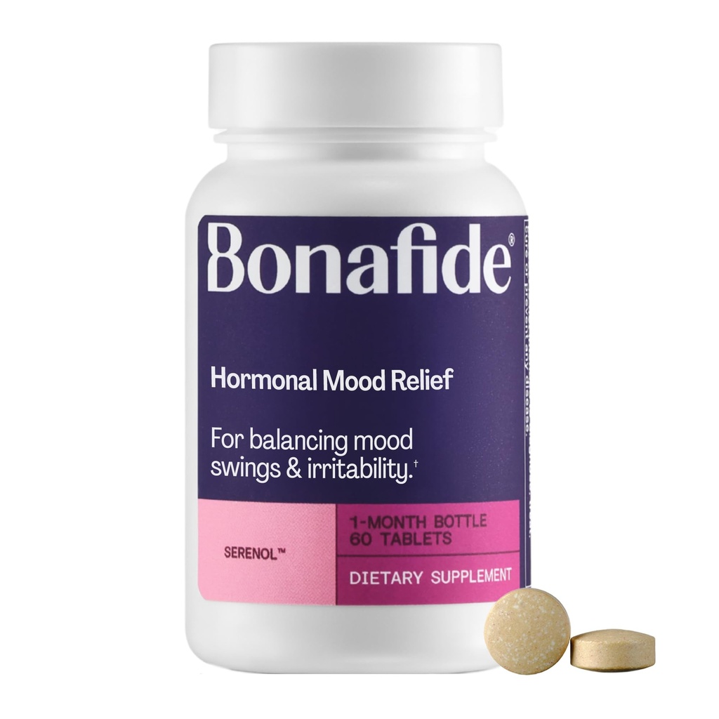 Bonafide의 Serenol. Hormonal Mood Swings, Irritability, & PMS Bloating에서 구호하십시오. — 1 달 공급 (60의 정제)