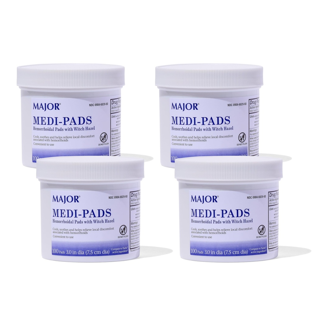 MAJOR Medi-Pads - Hemorrhoidal Hygienic Cleansing Witch Hazel Pads - 알로에와 냉각 구호 - 100 카운트 항아리 (4 팩)