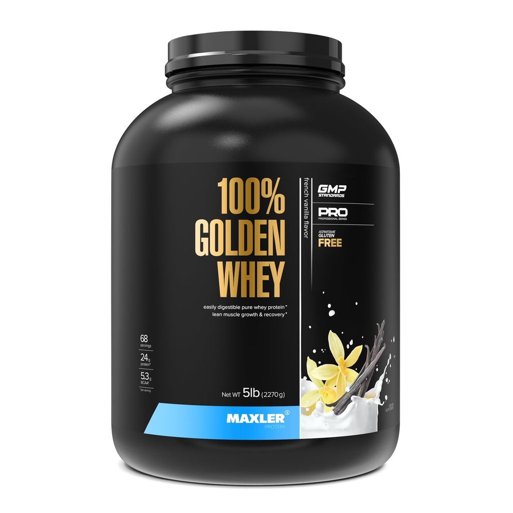 Maxler 100 % Golden Whey Protein - 서빙 당 단백질 24g - 사전 포스트 운동을위한 프리미엄 Whey Protein Powder - 빠른 흡수 Whey Concentrate Isolate Hydrolysate Blend - 프랑스어 Vanilla Protein 5lb