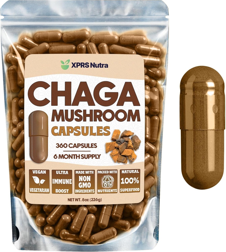 XPRS Nutra Chaga 버섯 캡슐 - 프리미엄 USDA Chaga 버섯 캡슐 캡슐 캡슐 캡슐 캡슐 캡슐화 된 Chaga 버섯 파우더 - Chaga Tea 및 음료를위한 Vegan Friendly Superfood - 360 카운트
