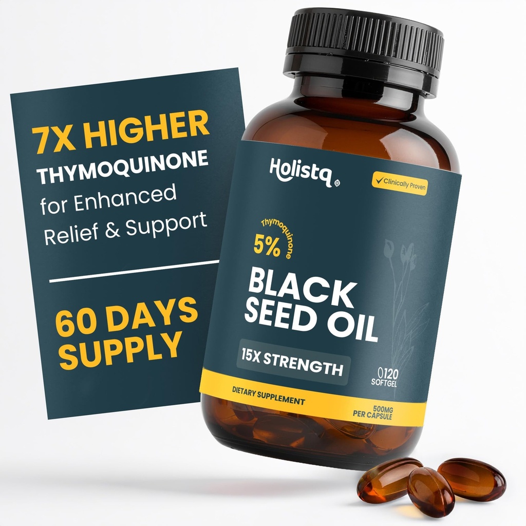 Holistiq Black Seed Oil Organic Cold Pressed Capsules | 5% Thymoquinone | Non-GMO & Vegan | Nigella Sativa Black Cumin Seed Oil, Omega 3 6 9 성인 면역 지원 - 120 Softgels, 2 개월 공급