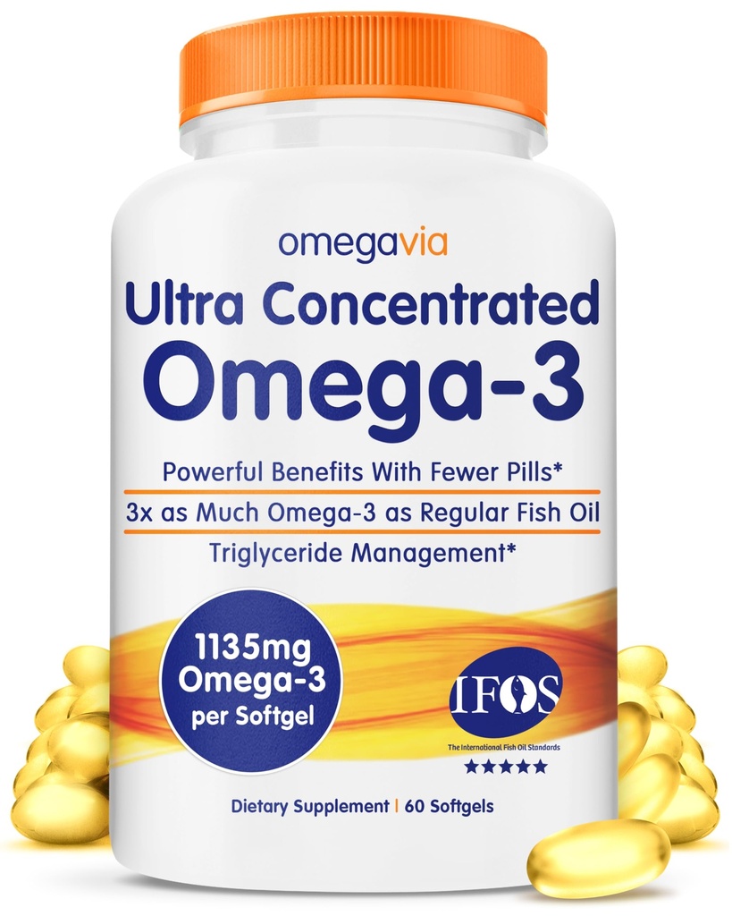 OmegaVia 매우 집중된 Omega 3 물고기 기름 Burpless, 60 Softgels의 세 배 힘 Omega 3 물고기 기름 보충교재, 1135 mg 순수한 Omega3, 물고기 Burps 없음, 높은 EPA DHA DPA, IFOS 5 별