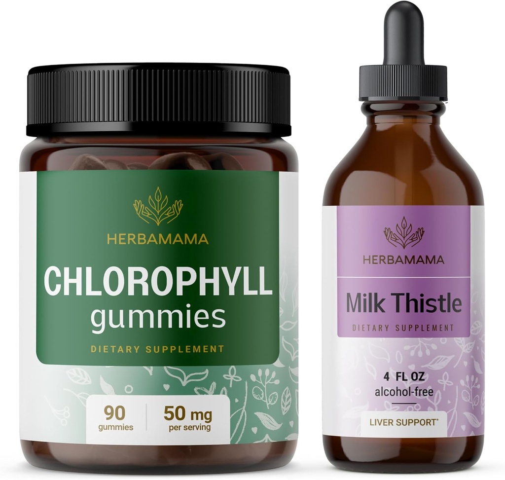 HERBAMAMA Chlorophyll 및 우유 이틀 키트 - 50 mg Chlorophyll Gummies 및 우유 이틀 추출물 Tincture 4 fl oz - Vegan, Non-GMO, 설탕 및 알코올 - 무료 - 2 팩