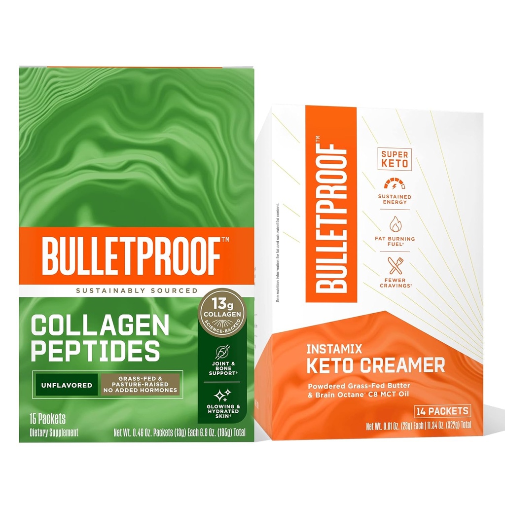 Bulletproof Coffee Duo - InstaMix Keto Coffee Creamer with Grass-Fed Ghee 및 MCT Oil, 14 Pack & Unflavored Collagen Protein with 13g Grass-Fed Collagen Peptides for Skin, Bones 및 Joints, 15 Pack