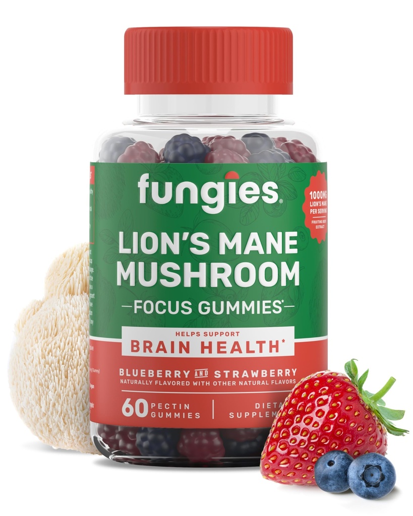 Fungies Lion's Mane Mushroom Gummies, 혼합 블루 베리 & 딸기 맛 - 성인 및 어린이 지원 뇌 건강,인지 기능, 초점, 기억 & 무, 60 서빙을위한 버섯 보충 거미