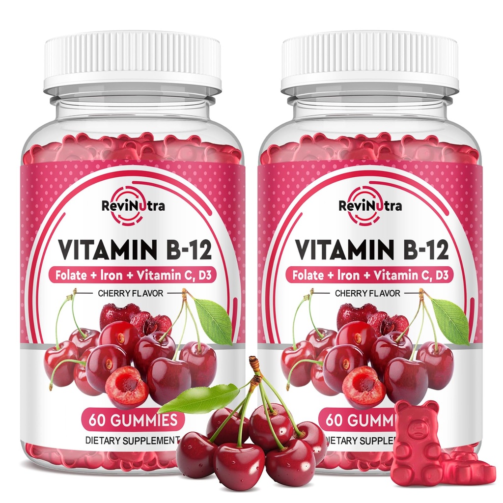 비타민 B12 Gummies - 철을 가진 5000 mcg Methylcobalamin, 비타민 C, D3 & Folate, 에너지 지원 및 대사, Immune, B-12 복잡한 Chewable 보충교재 & 여자, 120 조사, 2 팩