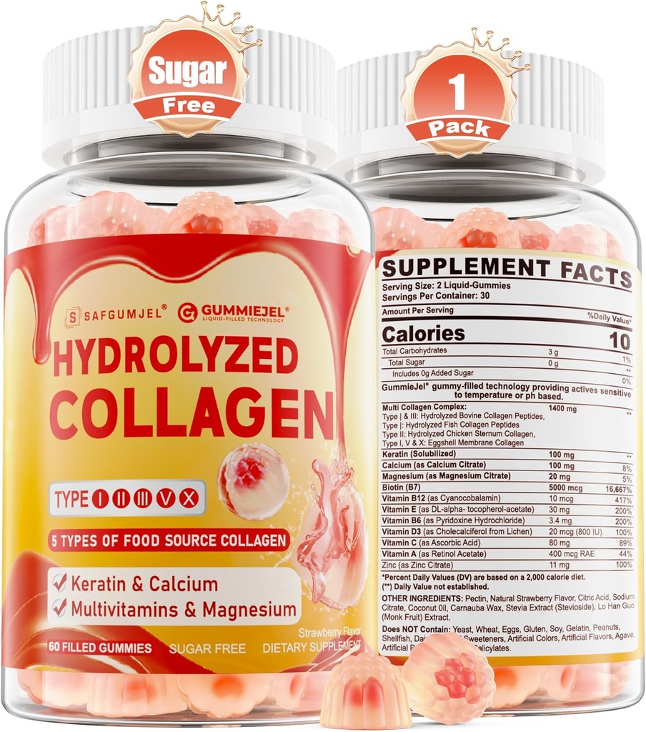 여자 남자를 위한 교원질 펩티드 Gummies, 설탕 자유로운 다 교원질 보충교재, 1400mg 가수분해된 교원질 유형 I II III V x, 5000mcg Biotin, 머리, 피부 & 못, 뼈, 60Cts를 위한 비타민 C A E D3 B6